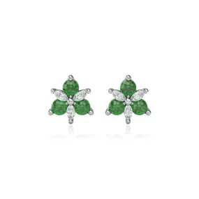 14K WHITE GOLD EMERALD DIAMOND CLUSTER STUD EARRINGS