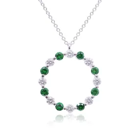 18K WHITE GOLD DIAMOND AND TSAVORITE GARNET CIRCLE PENDANT NECKLACE