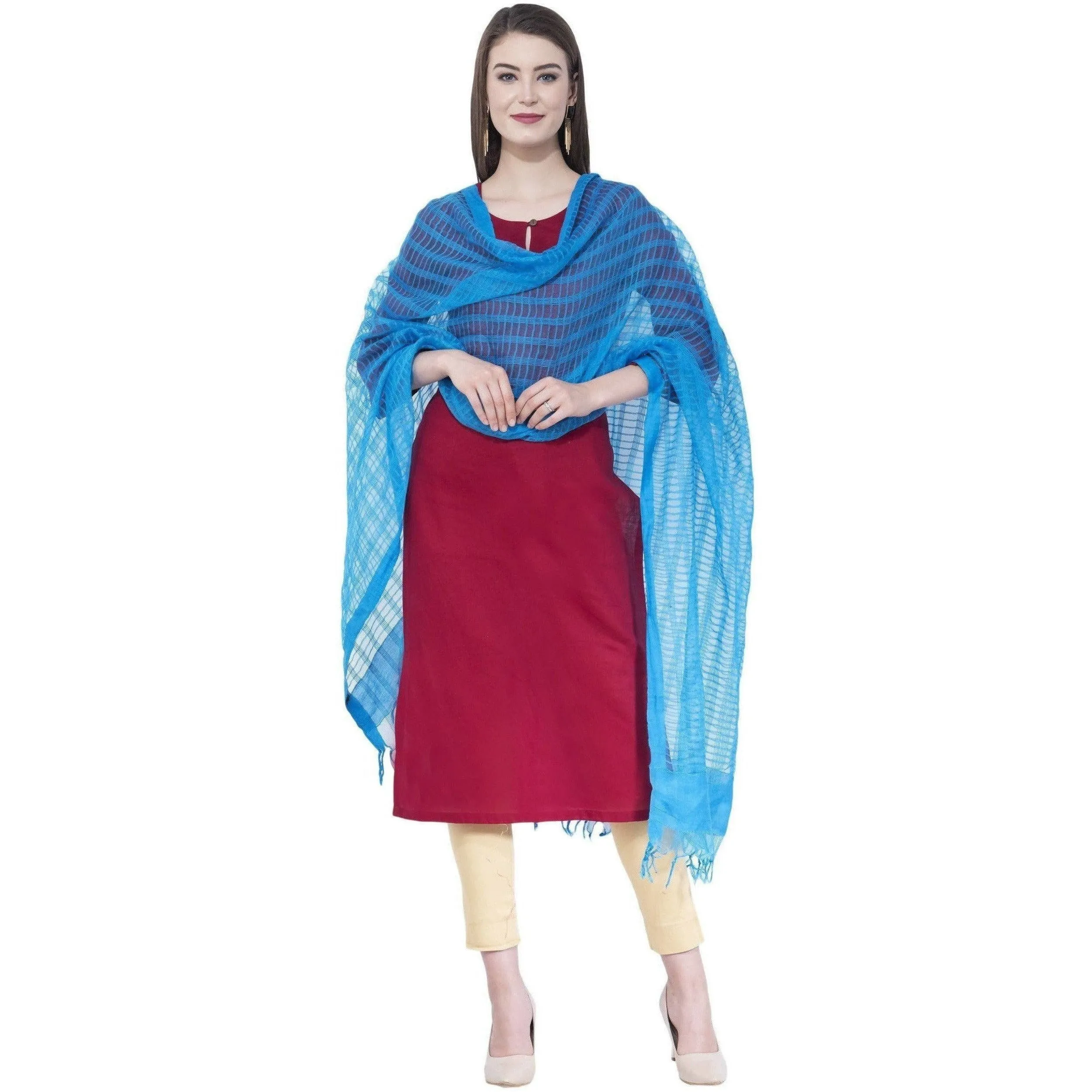 A R Silk Women's Self Check Cota Cotton Firozi Dupattas and Chunnis