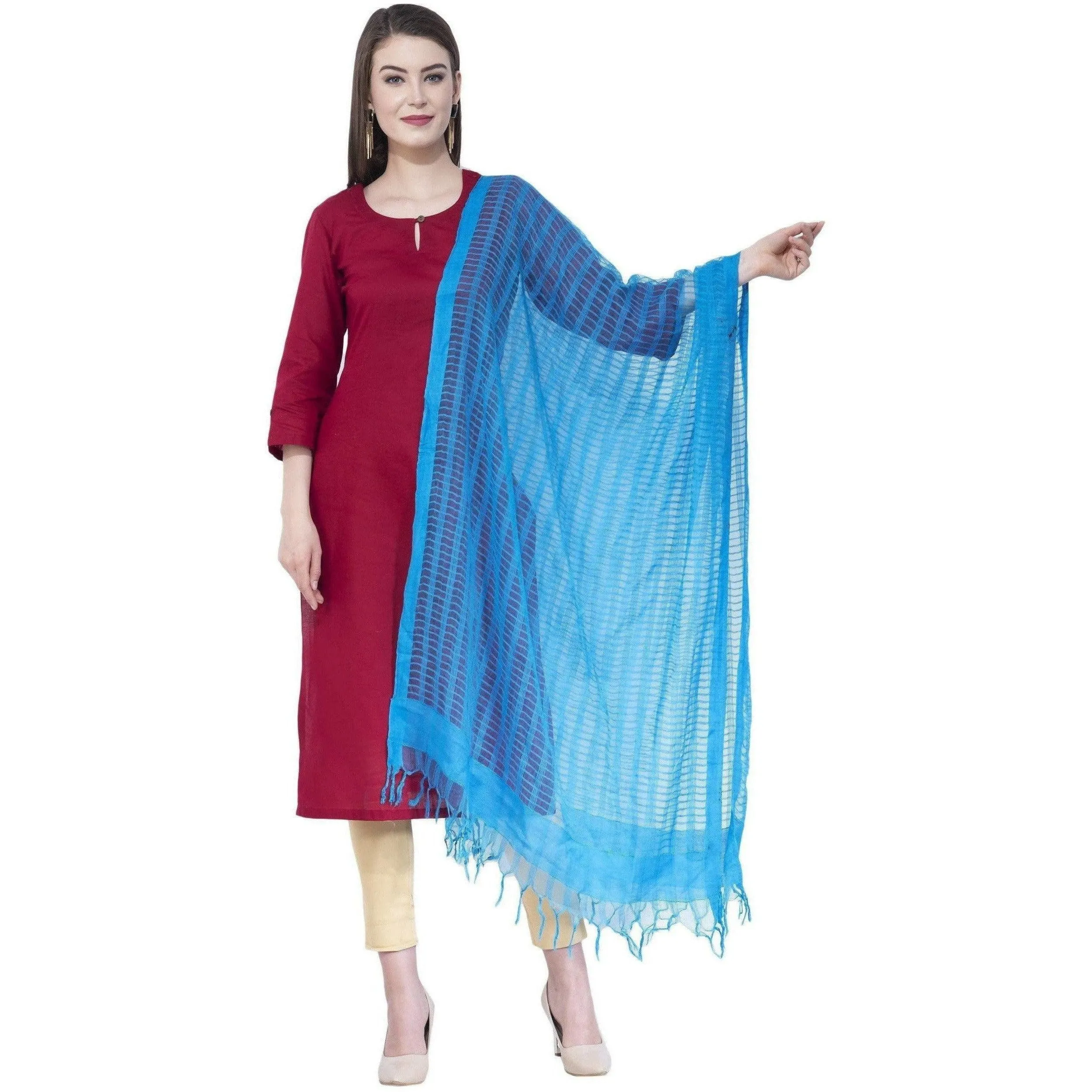 A R Silk Women's Self Check Cota Cotton Firozi Dupattas and Chunnis