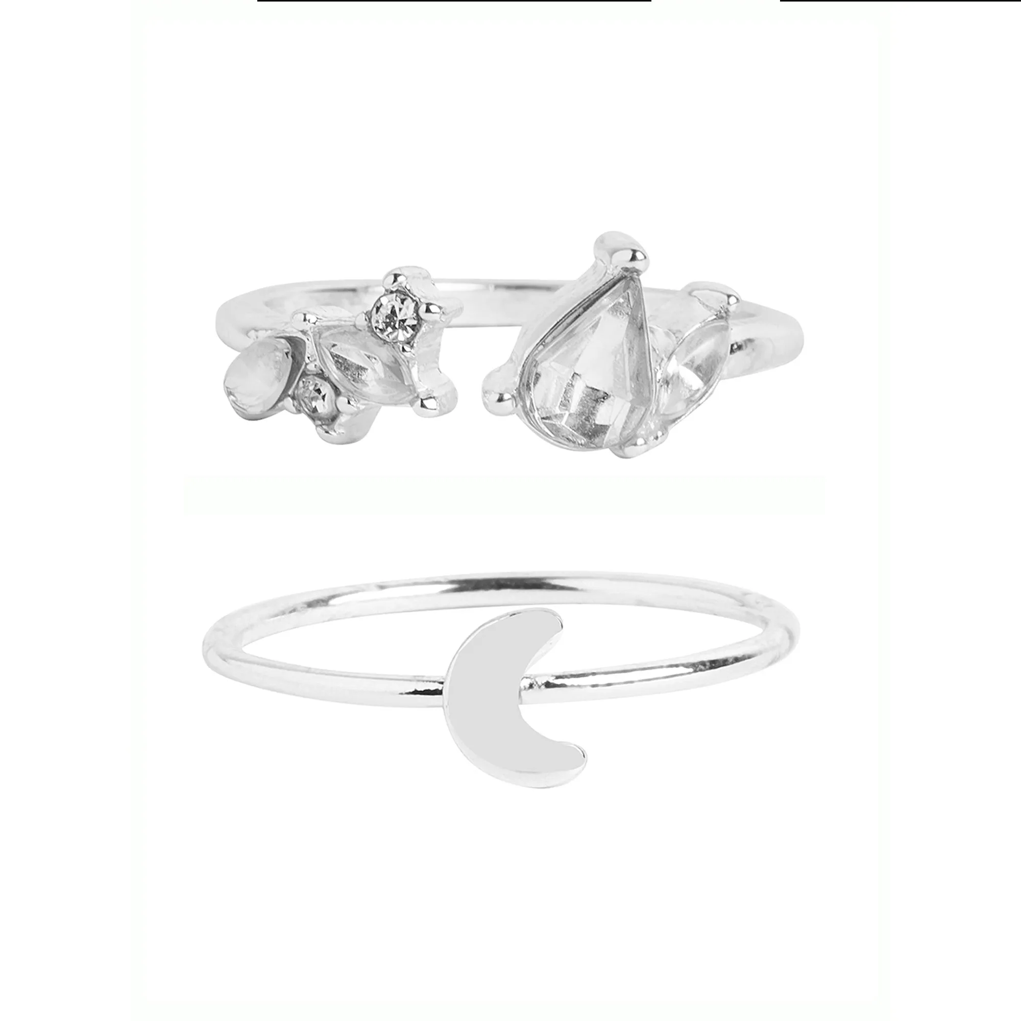 Accessorize London Women's Silver Moon Crystal Rings Pack of 2 - Large