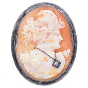 Antique Sterling Silver Cameo Shell Diamond Oval Brooch Pin