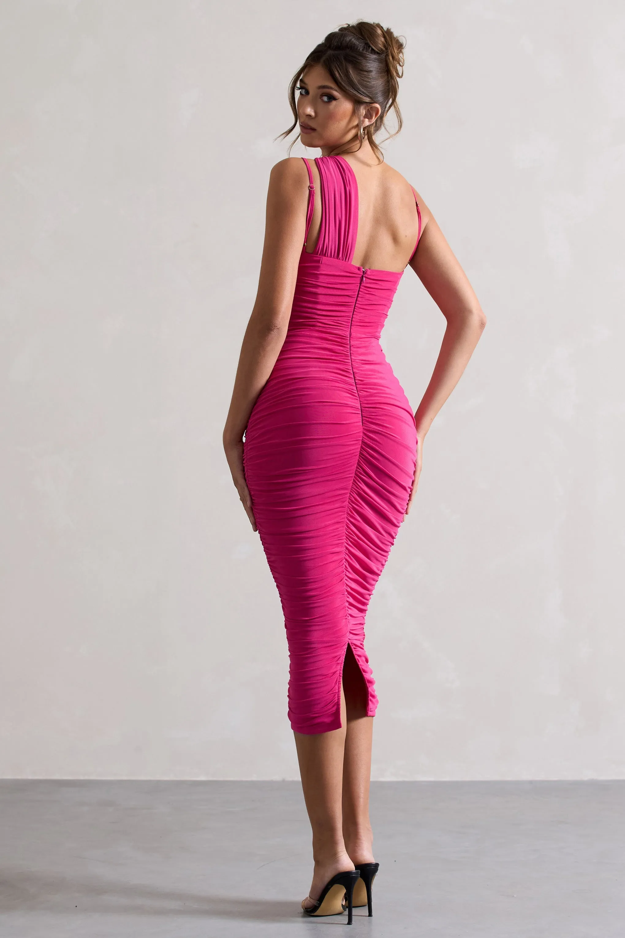 Bellini | Dark Pink Asymmetric Ruched Midi Dress