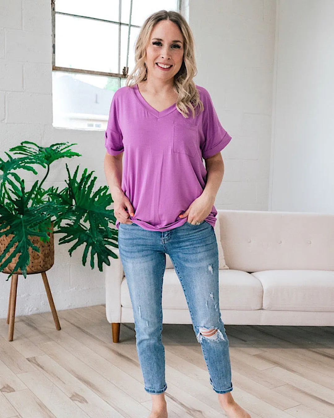 Bexley Orchid Boyfriend V Neck Top