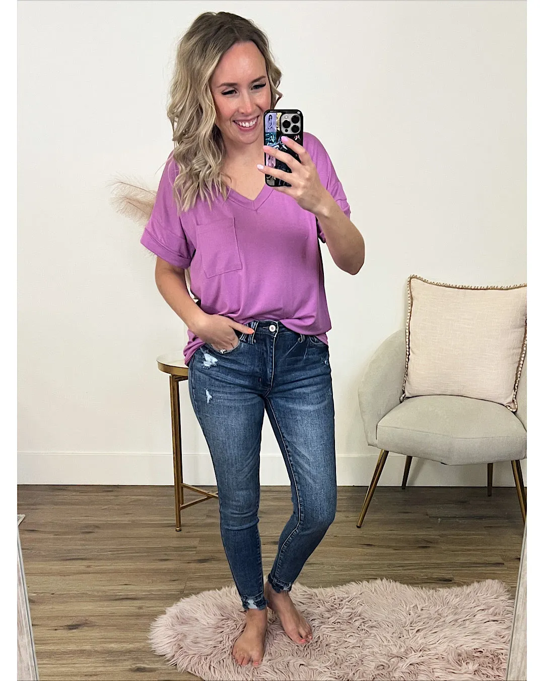 Bexley Orchid Boyfriend V Neck Top