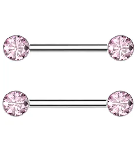 Bezel Pink CZ Threadless Titanium Nipple Barbells