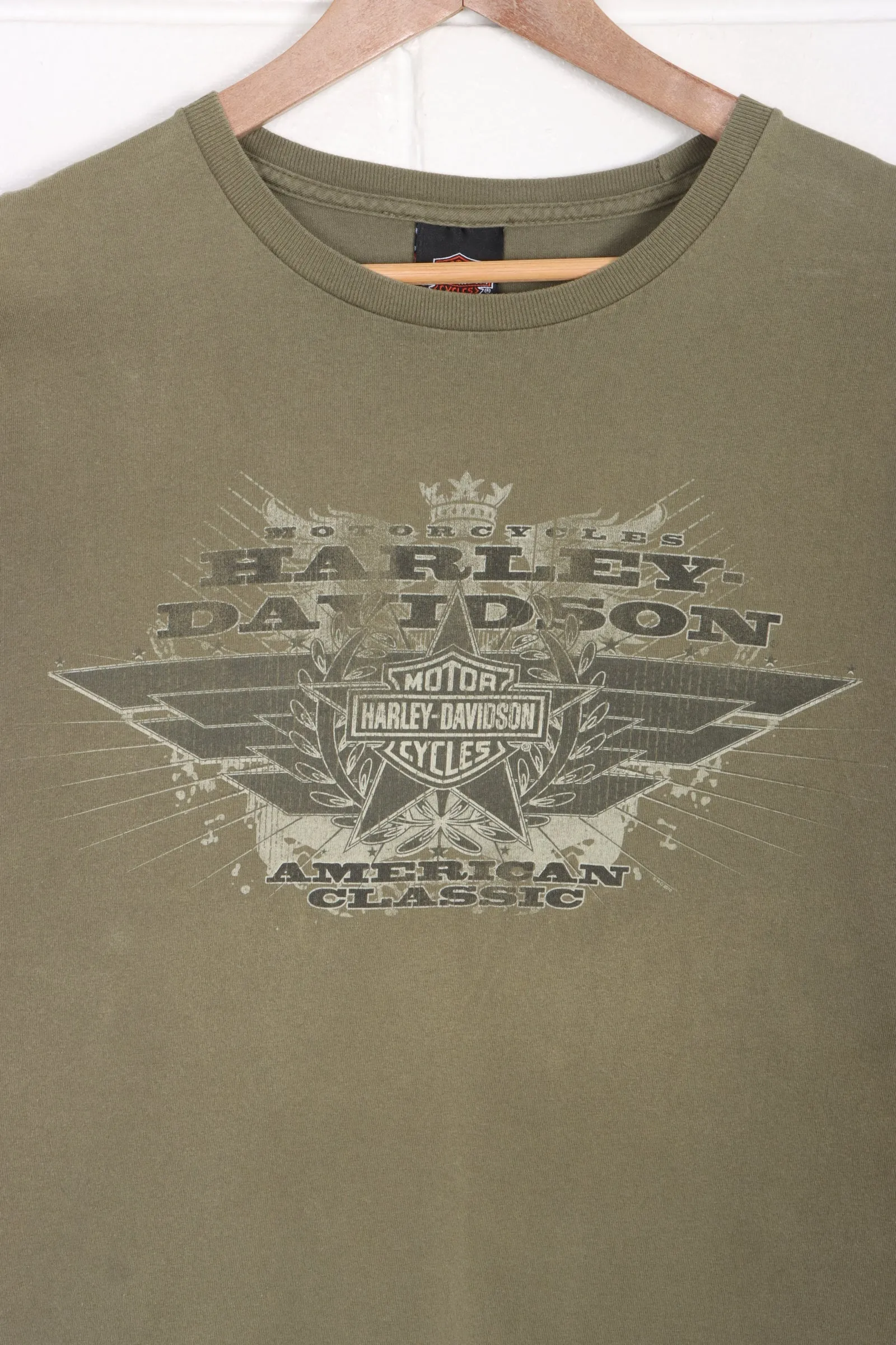 Big Island HARLEY DAVIDSON Army Green Front Back T-Shirt (L)