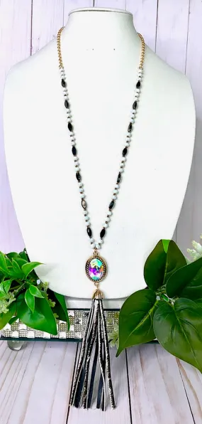 Black and White Crystal Necklace with bling oval and tassel