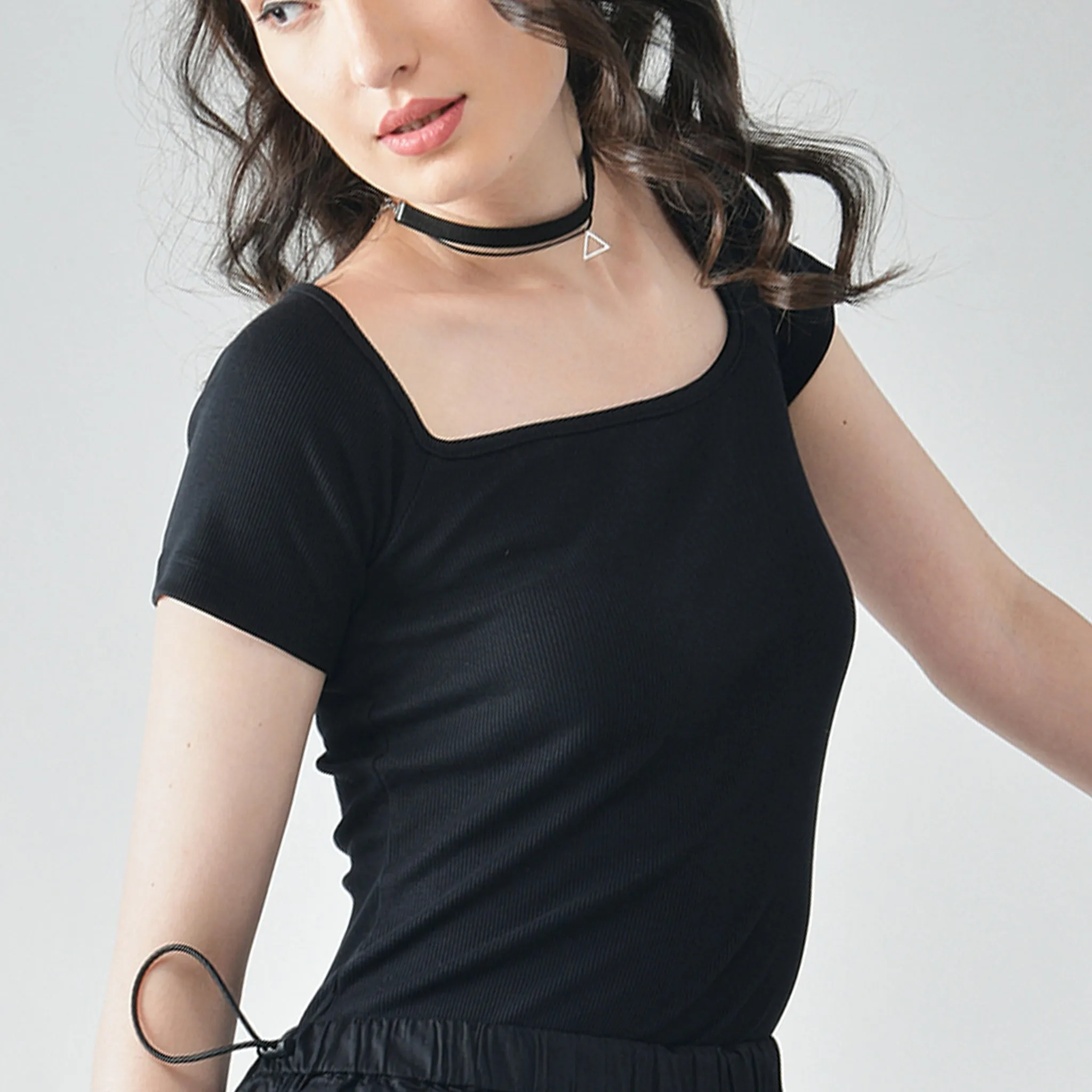 Black Square Neck Top & Black Parachute Pants