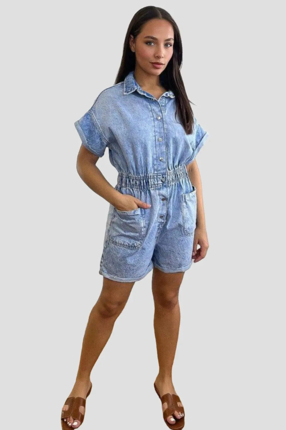 Bleached Denim Effect Elastic Waist Playsuit