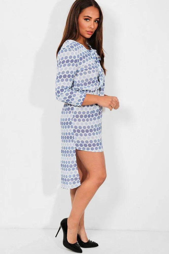 Blue Polka Dot Print Dip Hem Chiffon Dress