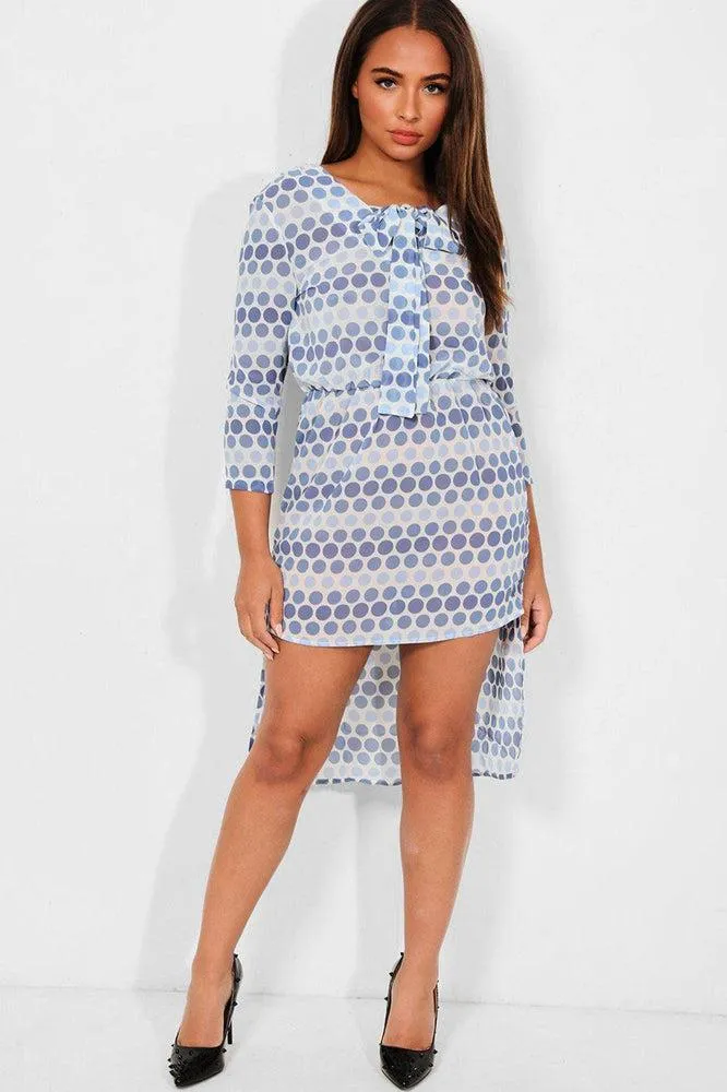 Blue Polka Dot Print Dip Hem Chiffon Dress