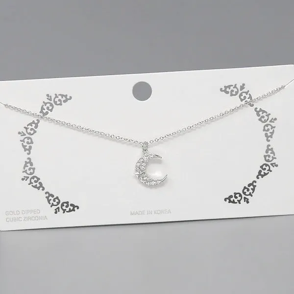 Crescent Moon CZ Pave Pendant Short Chain Necklace