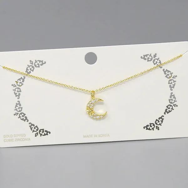 Crescent Moon CZ Pave Pendant Short Chain Necklace