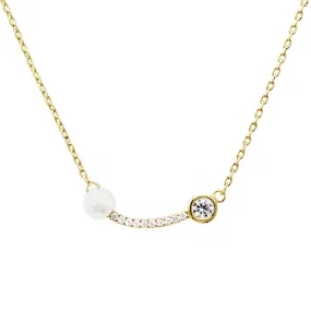 CZ And Pearl Embellished Curved Bar Simple Chain Necklace