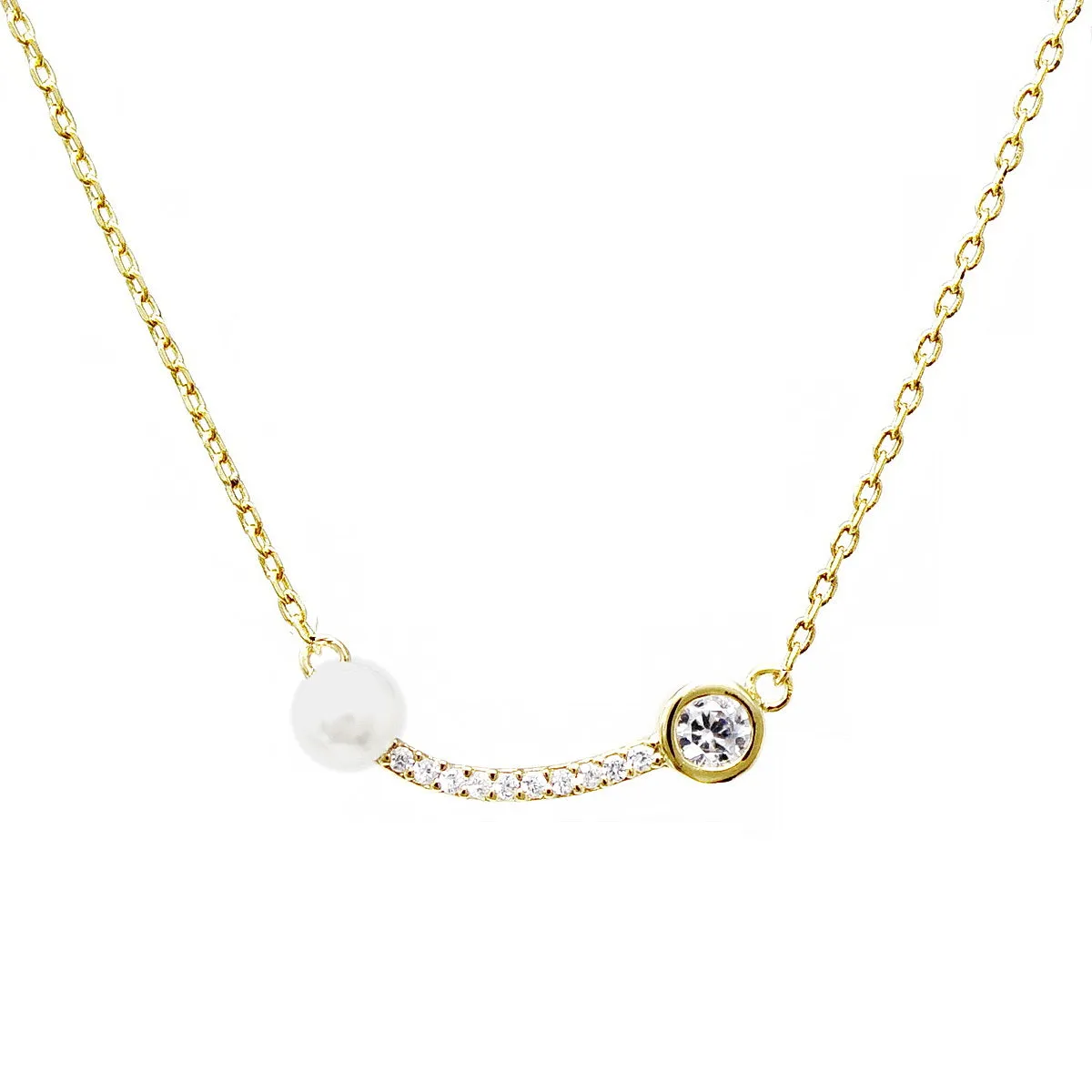 CZ And Pearl Embellished Curved Bar Simple Chain Necklace