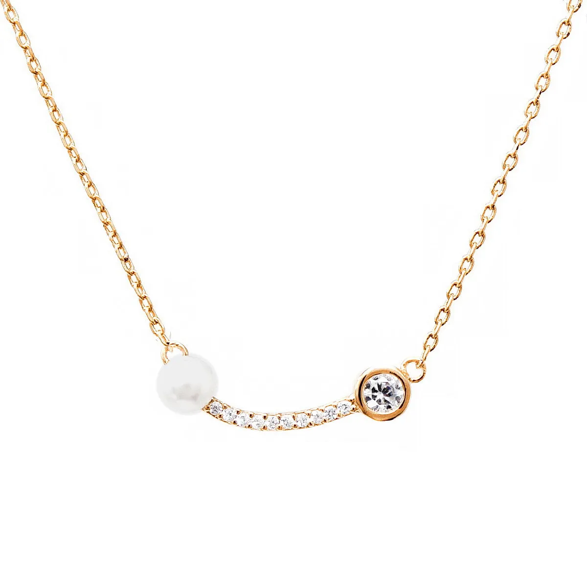 CZ And Pearl Embellished Curved Bar Simple Chain Necklace