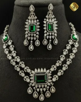 Double Layered Designer AD Necklace set - Crystal Emerald Green (Oxidised Finish)