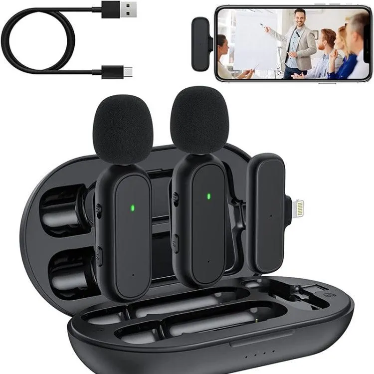 Dual Wireless Lavalier Microphone Set with Noise Cancellation and Charging Case