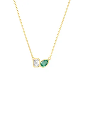 Emerald Pear & Emerald Cut Diamond Toi Et Moi Necklace 14K