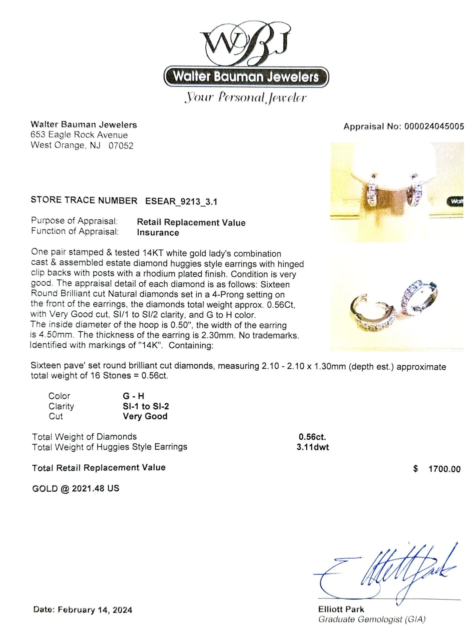 Estate 14K W Gold 0.56ctw G-H/SI1-2 Diamond Huggie Earrings