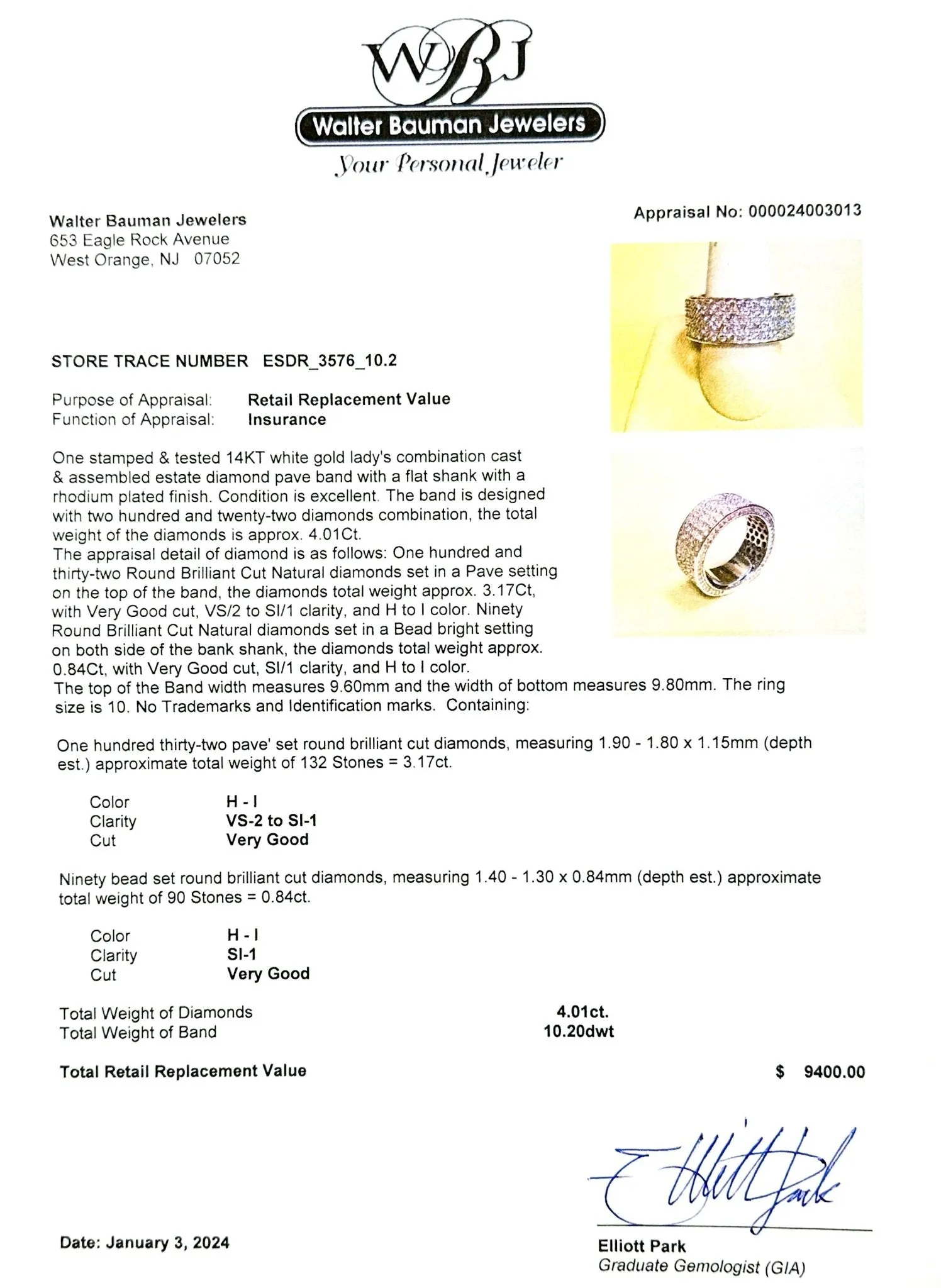 Estate 14K W Gold 4.01ctw H-I/VS2-SI1 Diamond Band