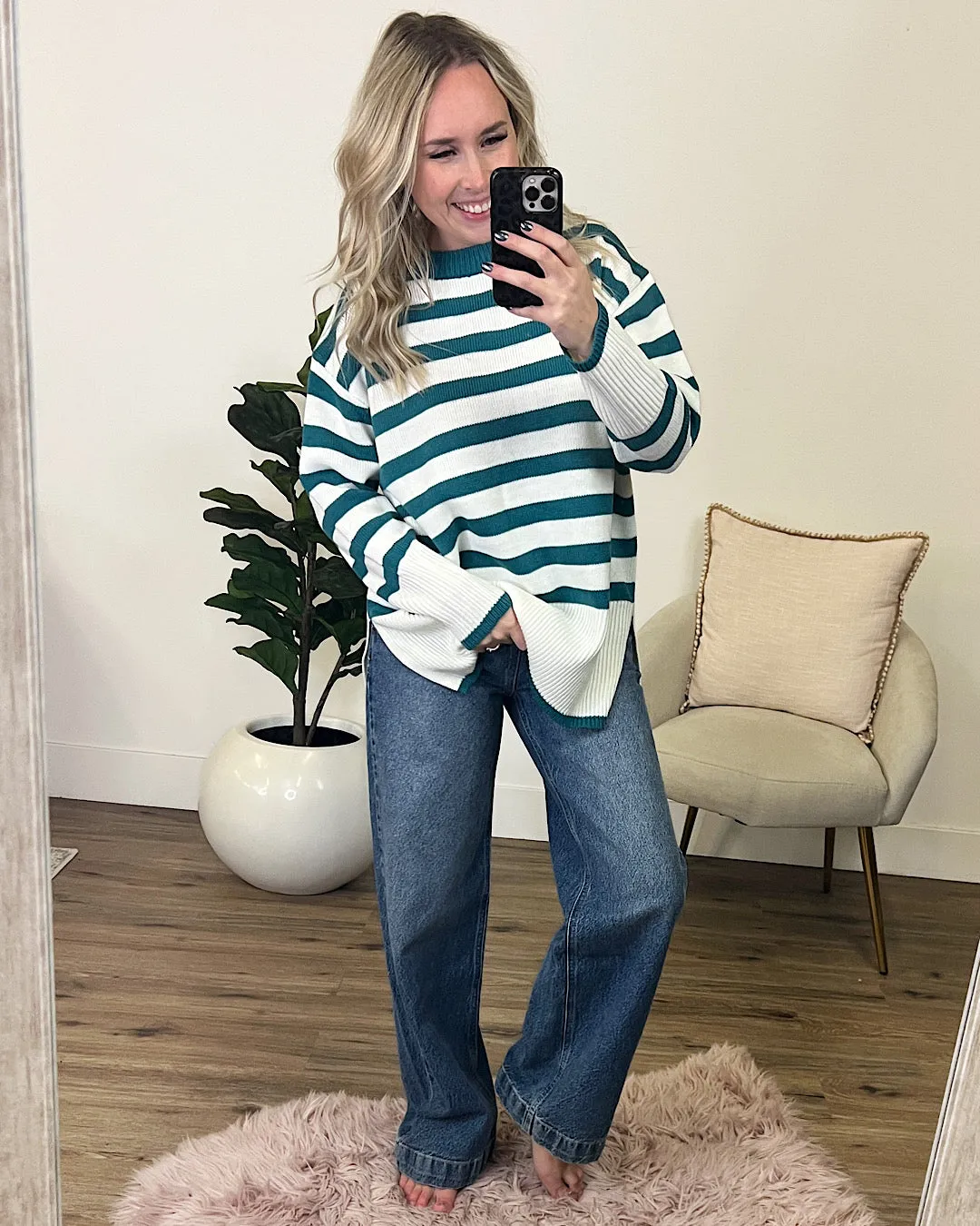 Este Teal Striped Sweater