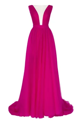 Fuchsia Bow-Back Maxi Evening Tulle Dress