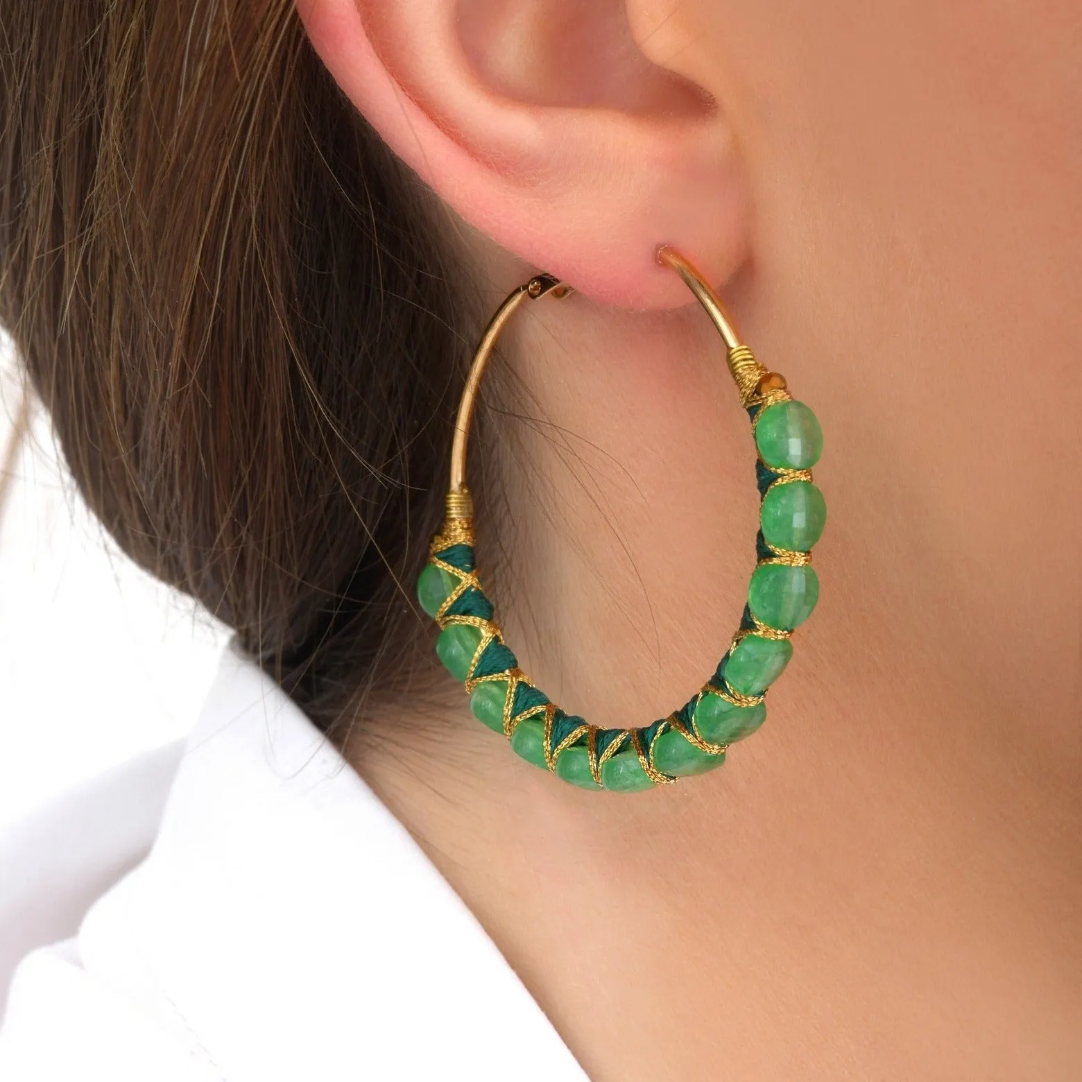 Green Agate Beaded Hoop Earrings by Satellite Paris