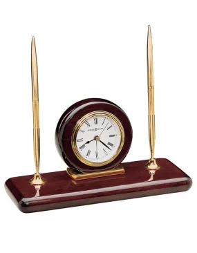 Howard Miller Rosewood Desk Set Clock - Two Pens - Wooden Base and Frame