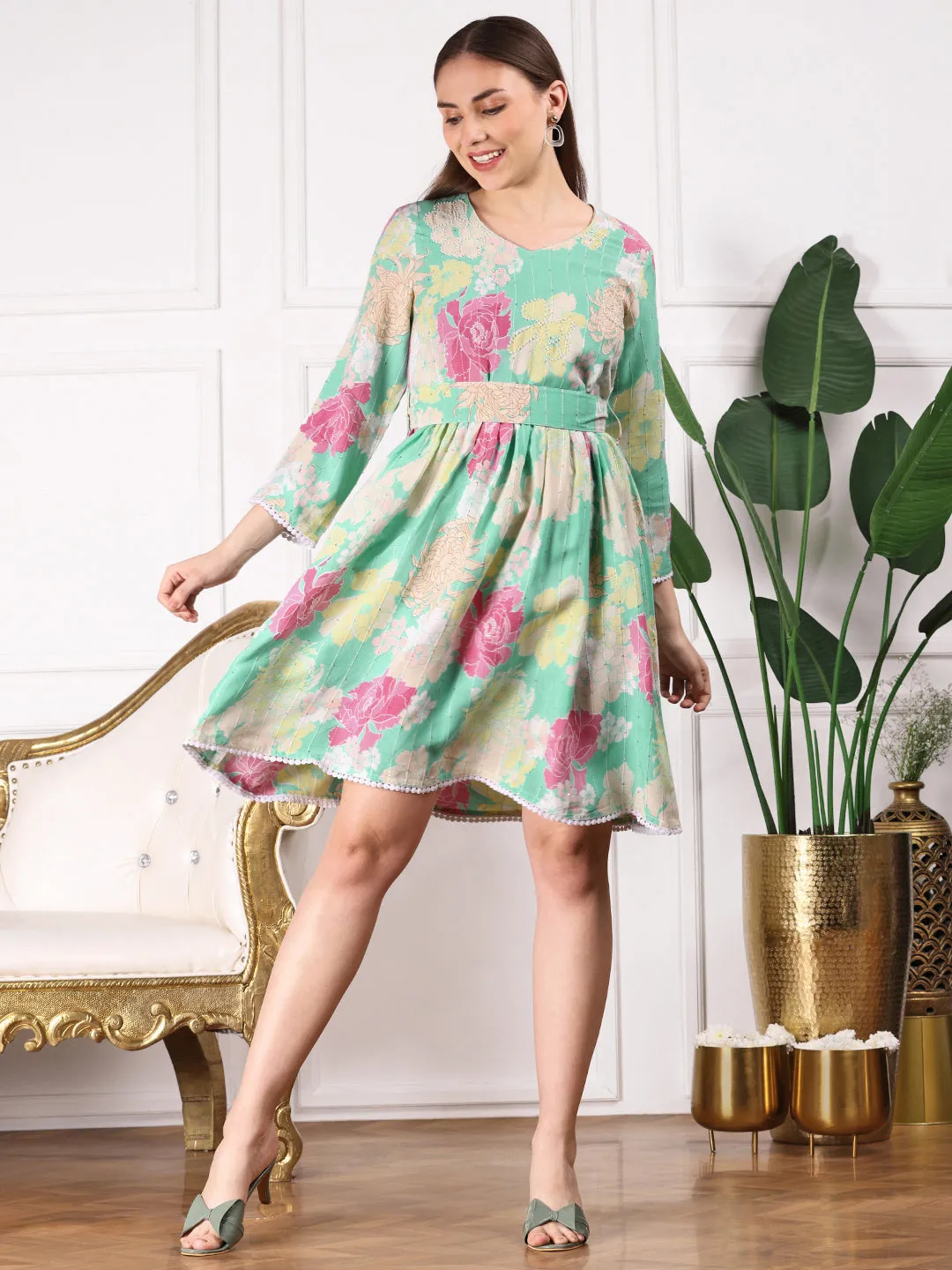 ISHIN Women Floral Printed Flared Sleeves Sequinned Fit & Flare Dress