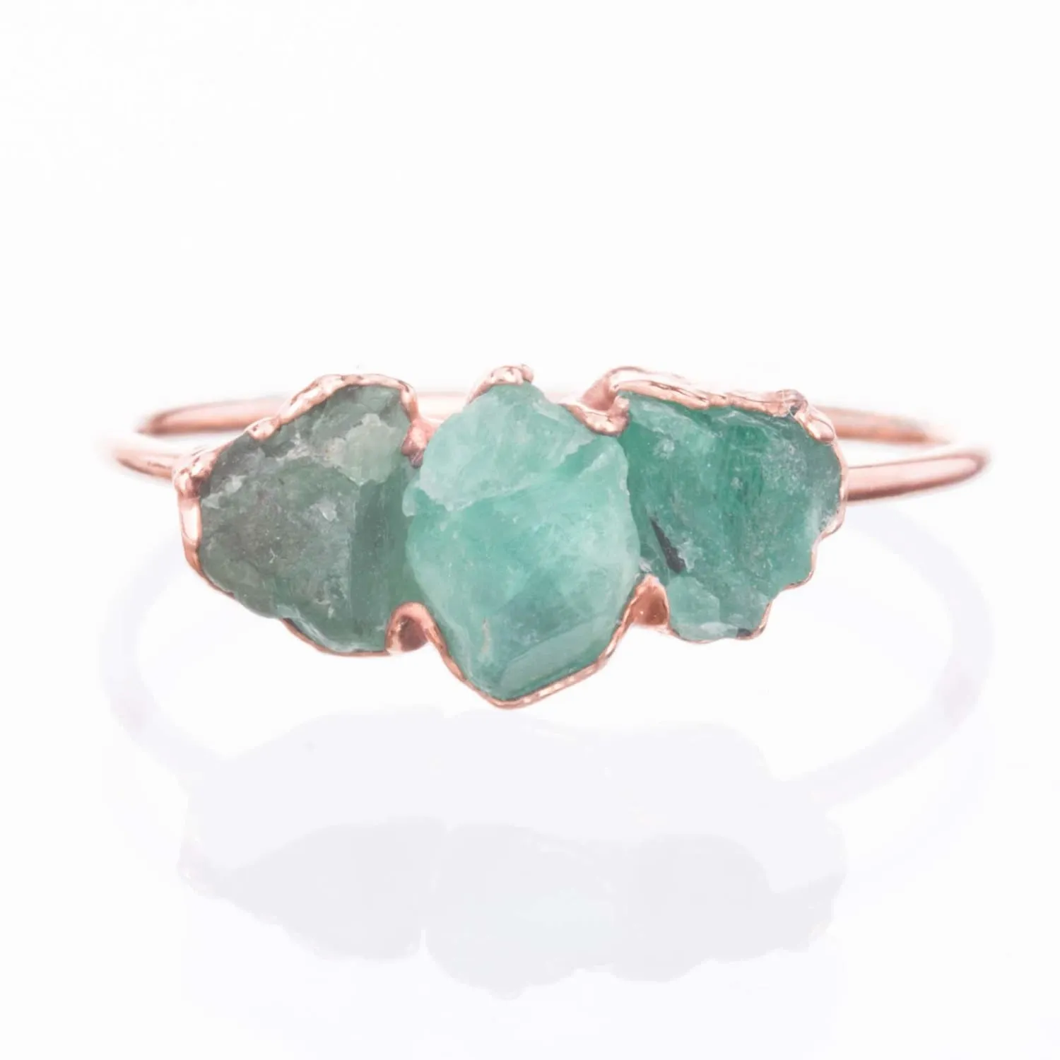 Large Three Stone Raw Emerald Ring in Rose Gold