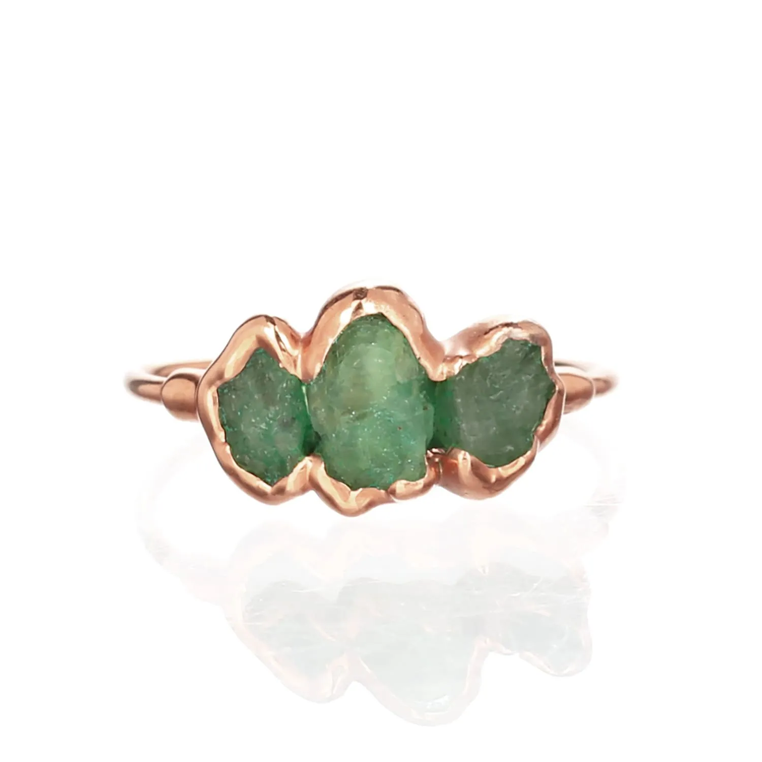 Large Three Stone Raw Emerald Ring in Rose Gold