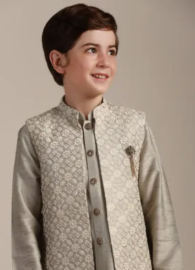 Manyavar Boys Pistachio Floral and Diamond Patterned Jacket Set