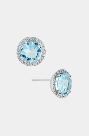 MODERN LOVE AQUA ROUND CZ HALO STUD EARRINGS