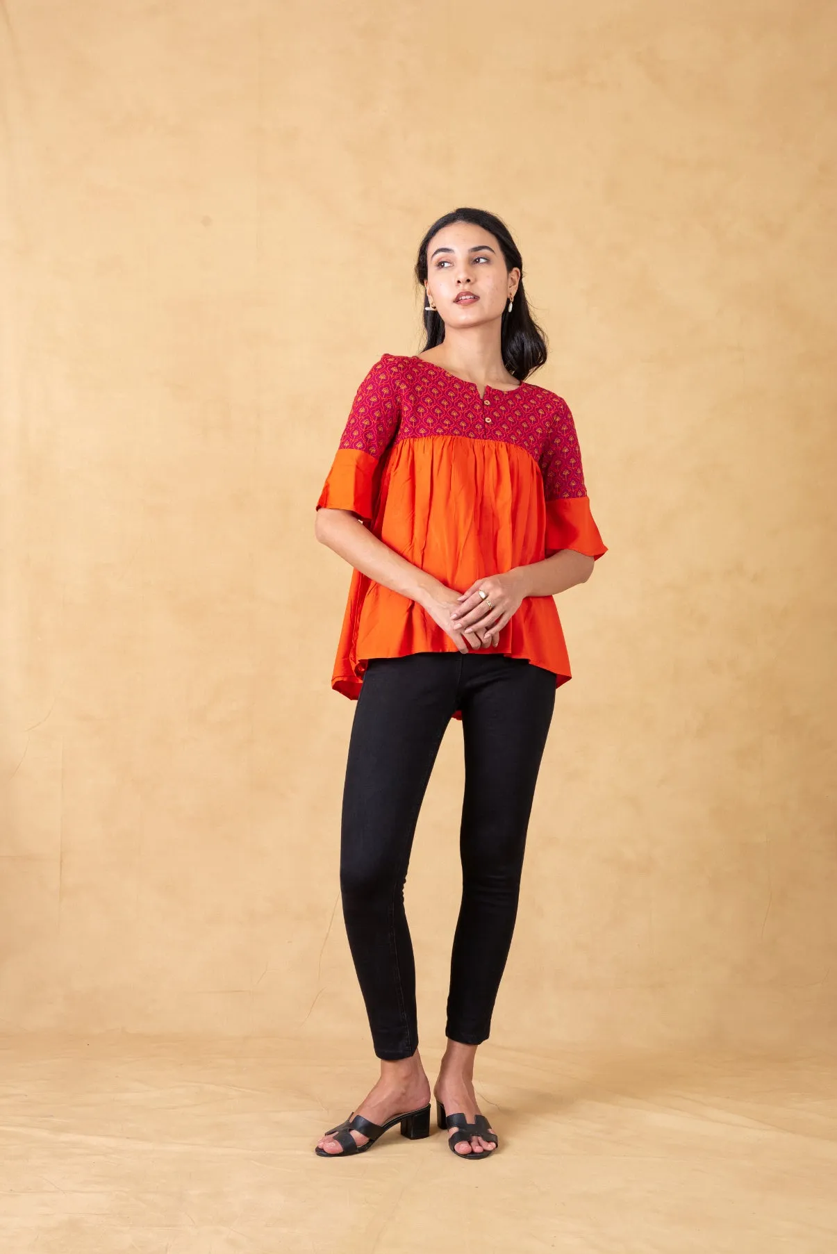 Orange Color Block Gathered Top With Embroidery