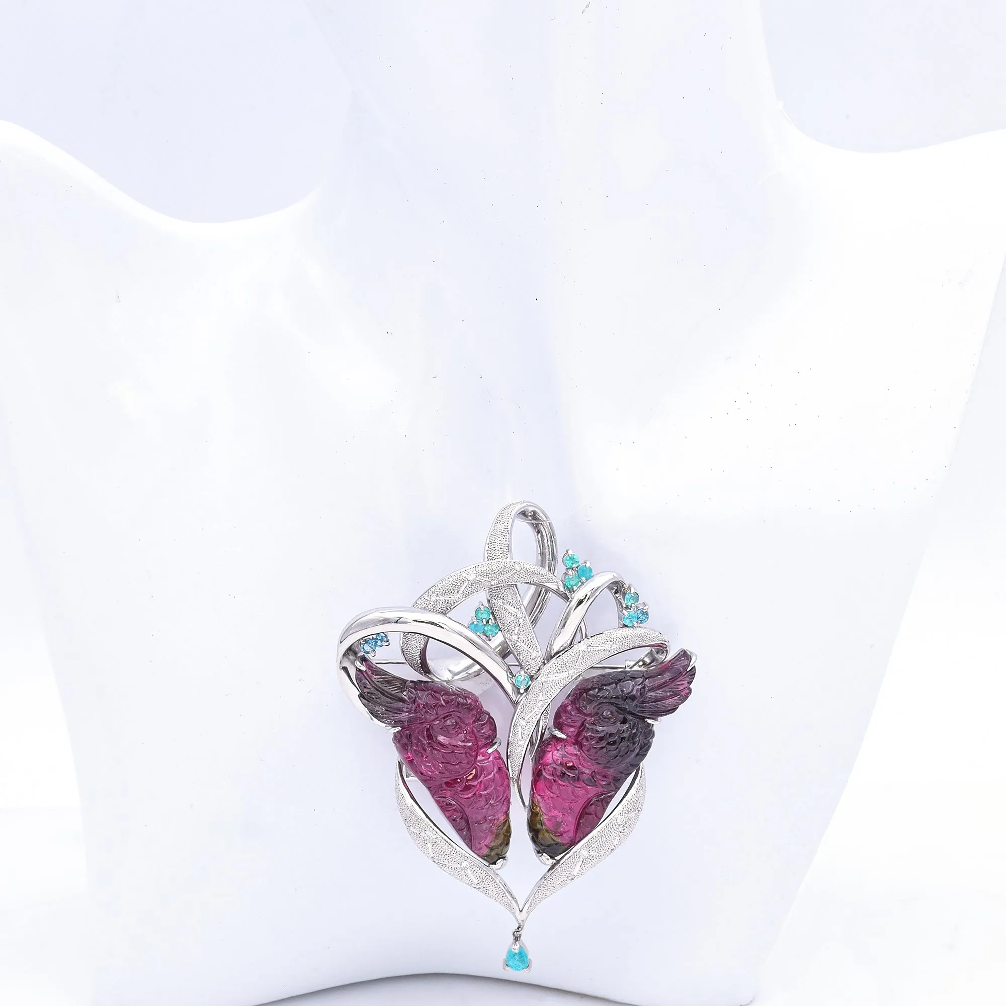 Platinum 100TCW Bi-Color 1.22TCW Pariba Tourmaline & Diamond Bird Brooch Pendant