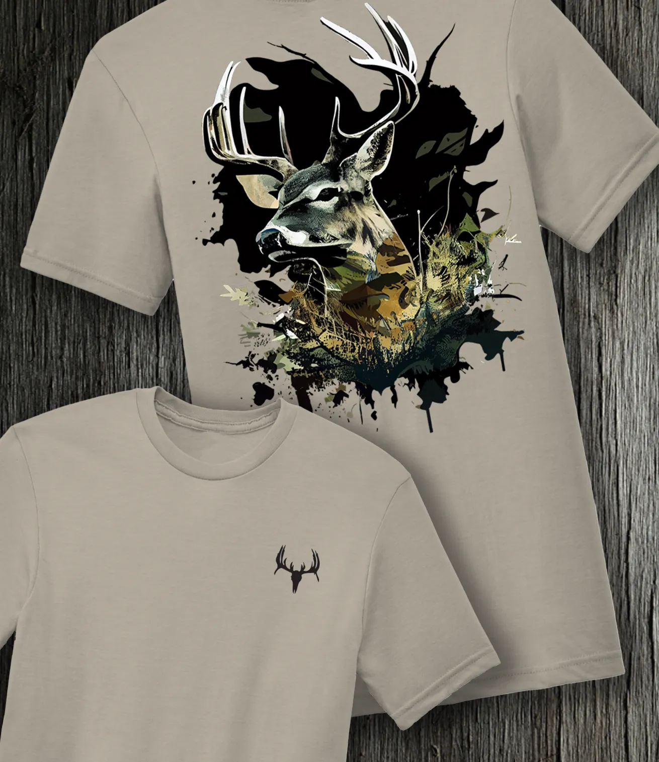 Premium Slate Super Soft Tee: 60% Cotton, 40% Polyester with Camouflage Deer Design