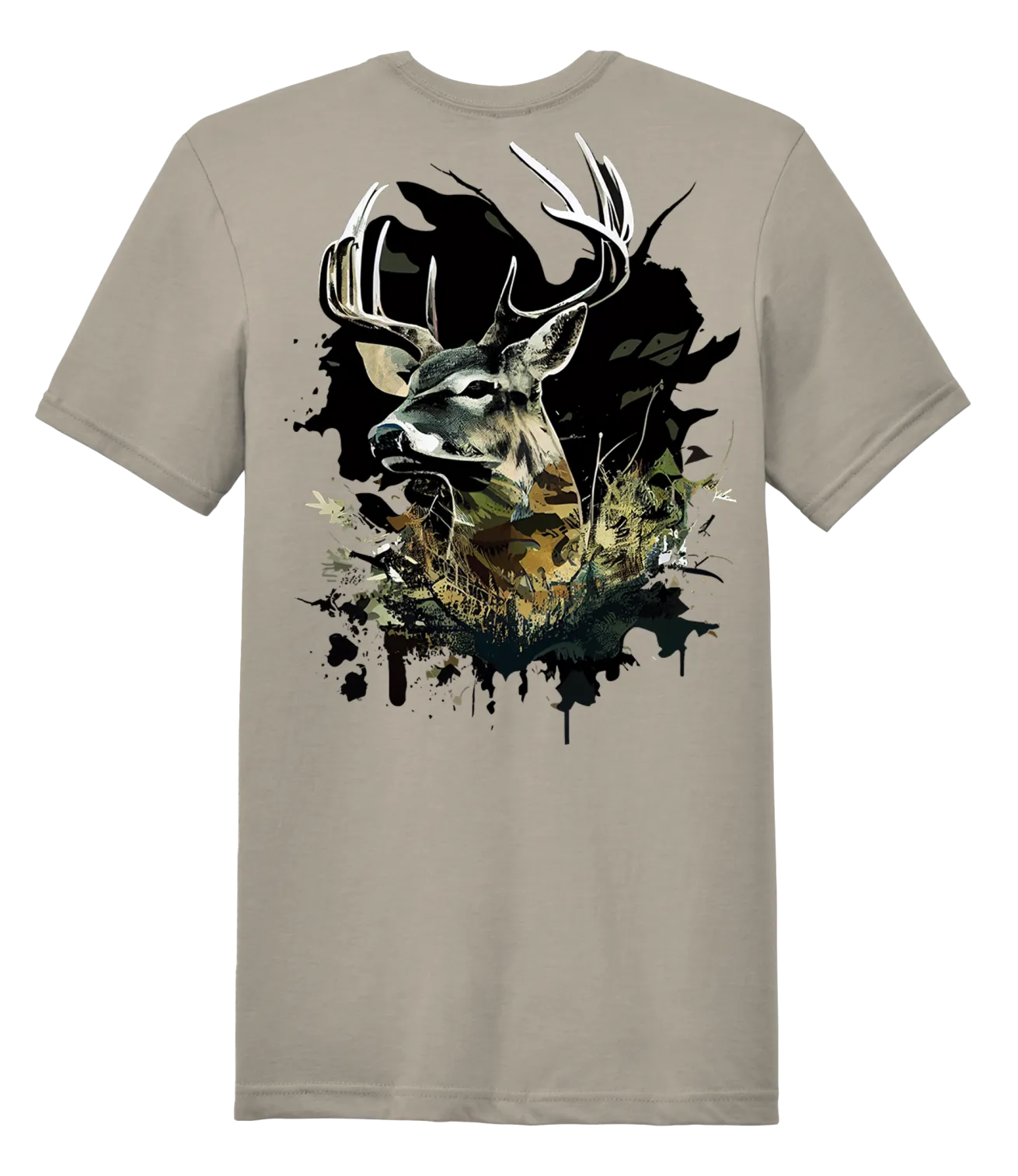 Premium Slate Super Soft Tee: 60% Cotton, 40% Polyester with Camouflage Deer Design