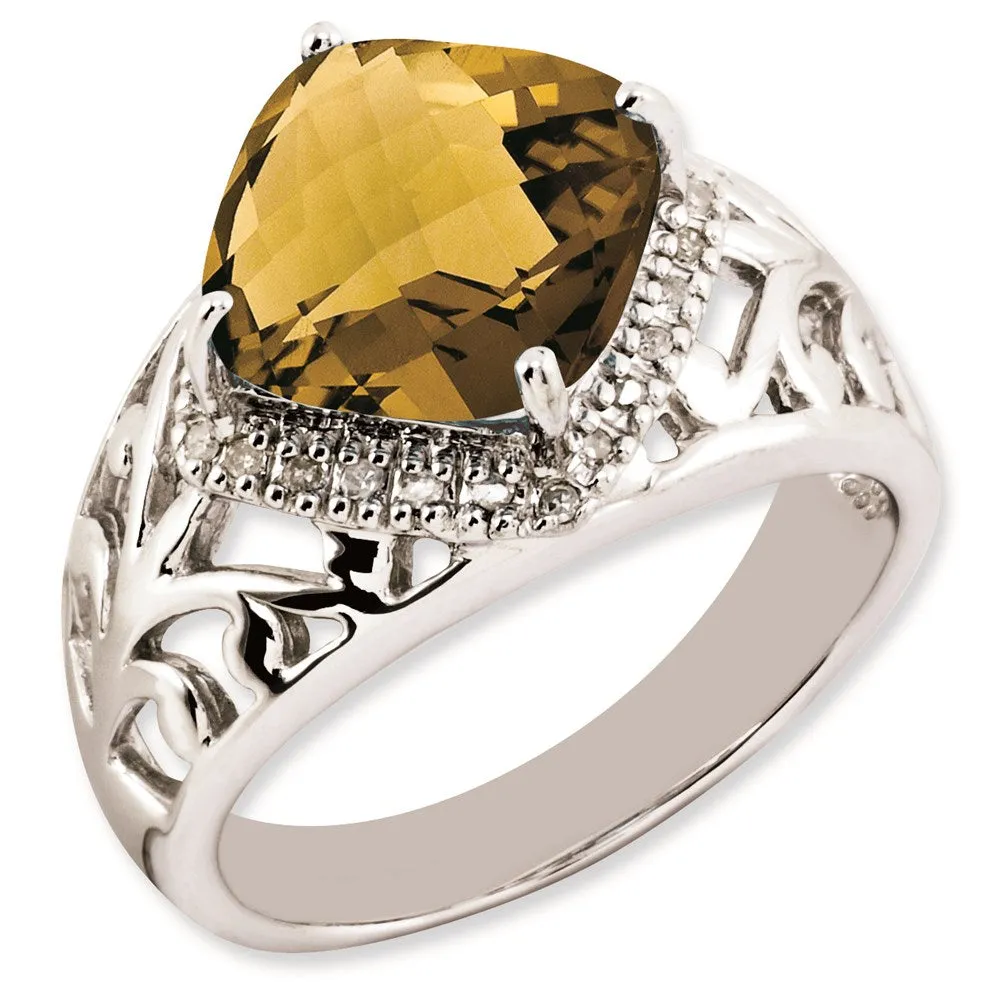 Rhodium-Plated Checker-Cut Whiskey Quartz & Diamond Ring in Sterling Silver