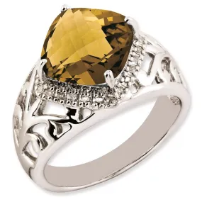 Rhodium-Plated Checker-Cut Whiskey Quartz & Diamond Ring in Sterling Silver