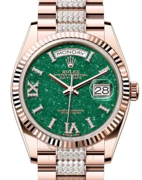 ROLEX DAY-DATE 36 PRESIDENT ROSE GOLD GREEN AVENTURINE DIAMOND DIAL FLUTED BEZEL 128235 WITH ROSE GOLD PRESIDENT SEMI DIAMONDS OYSTER BRACELET