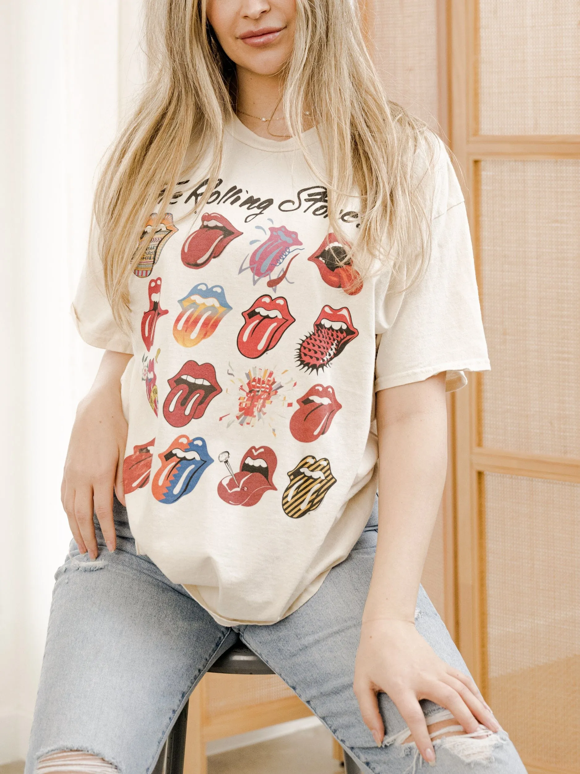 Rolling Stones Licks Over Time Off White Thrifted Distressed Tee