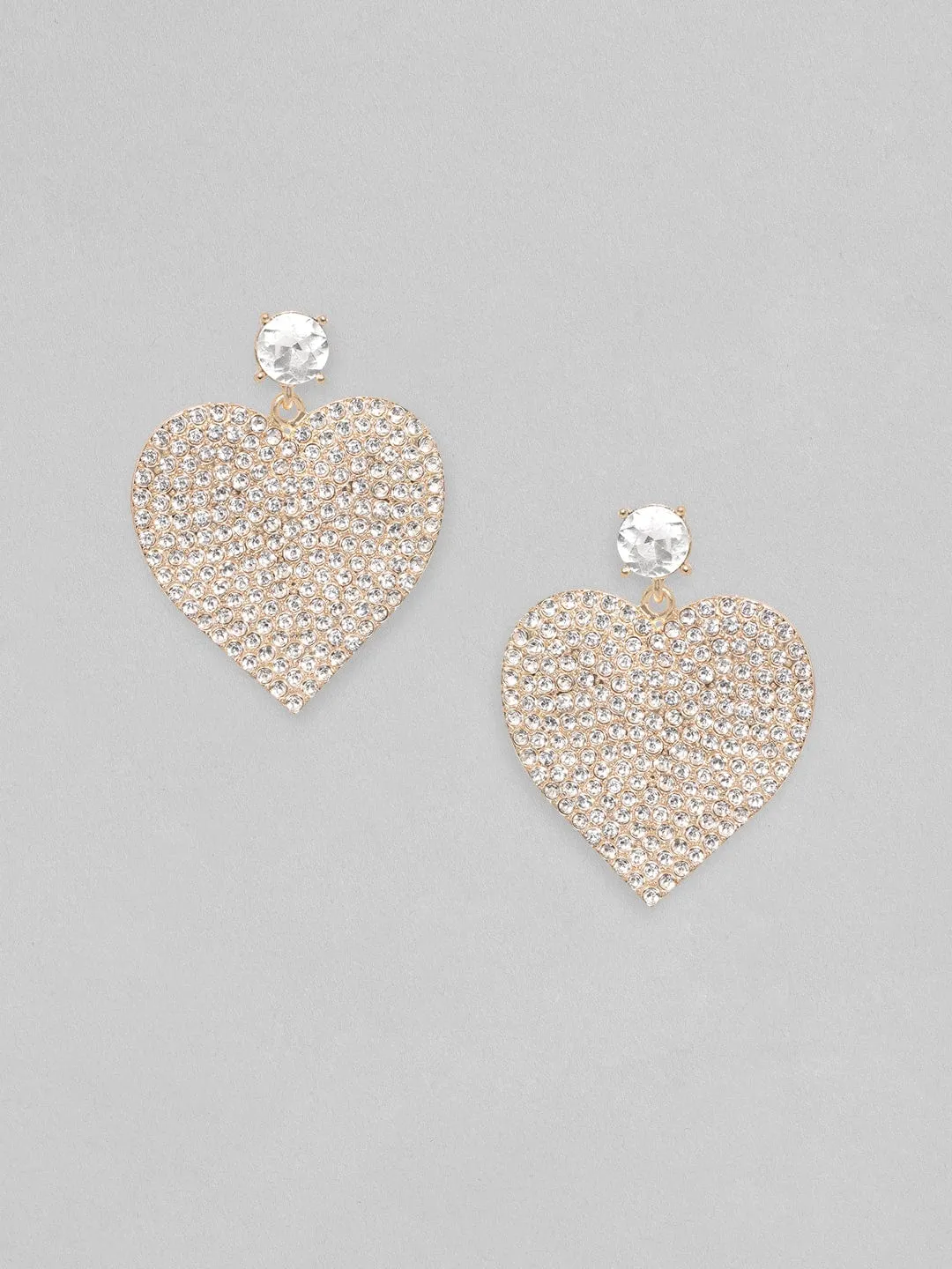 Rubans 18K Gold Toned Pave White Zircon Studded Heart Dangle Earring