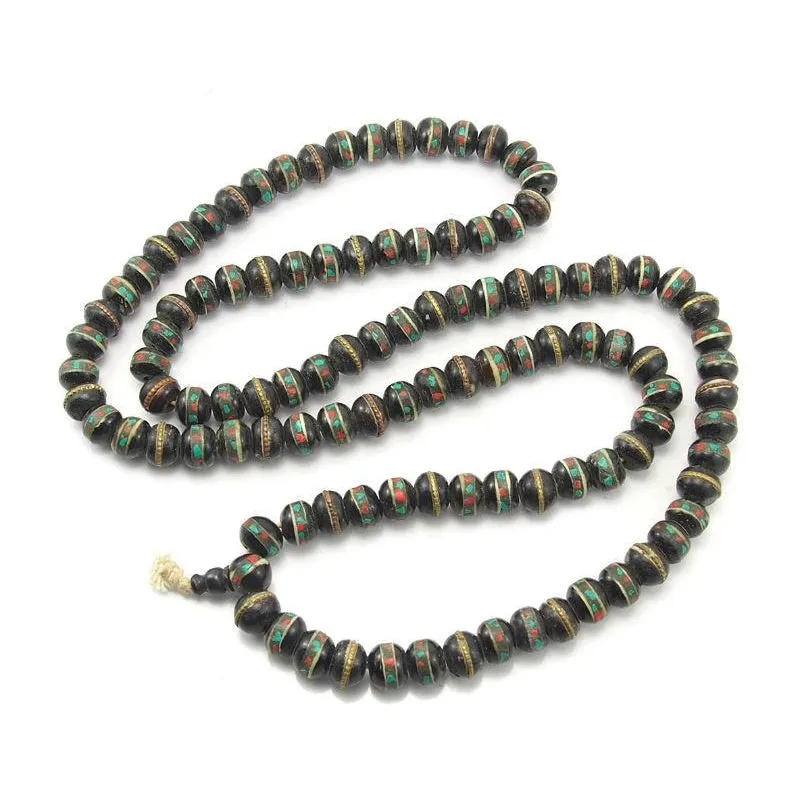 Tibetan Inlaid Cow Bone Mala 14mm