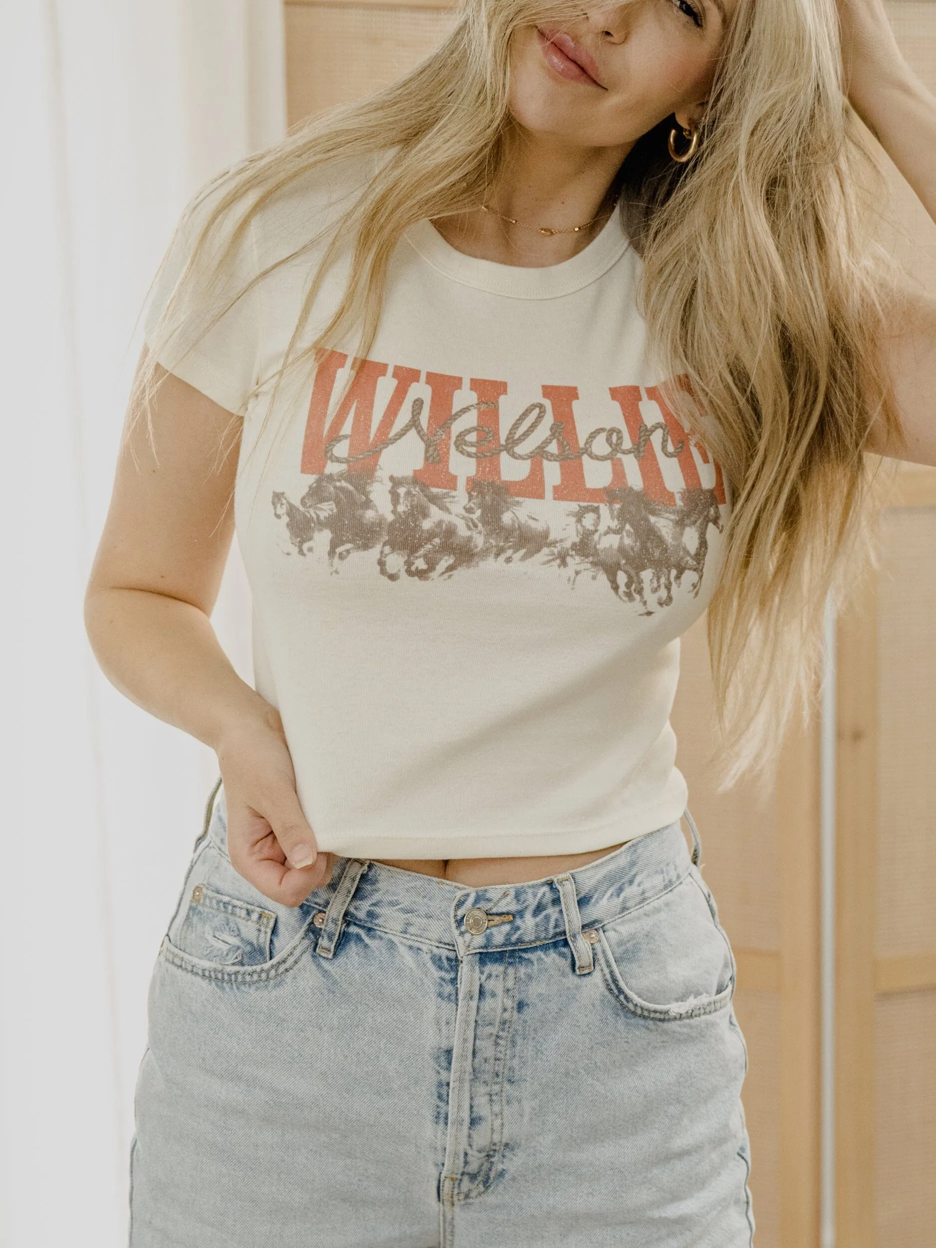 Willie Nelson Horses Off White Micro Cropped Tee