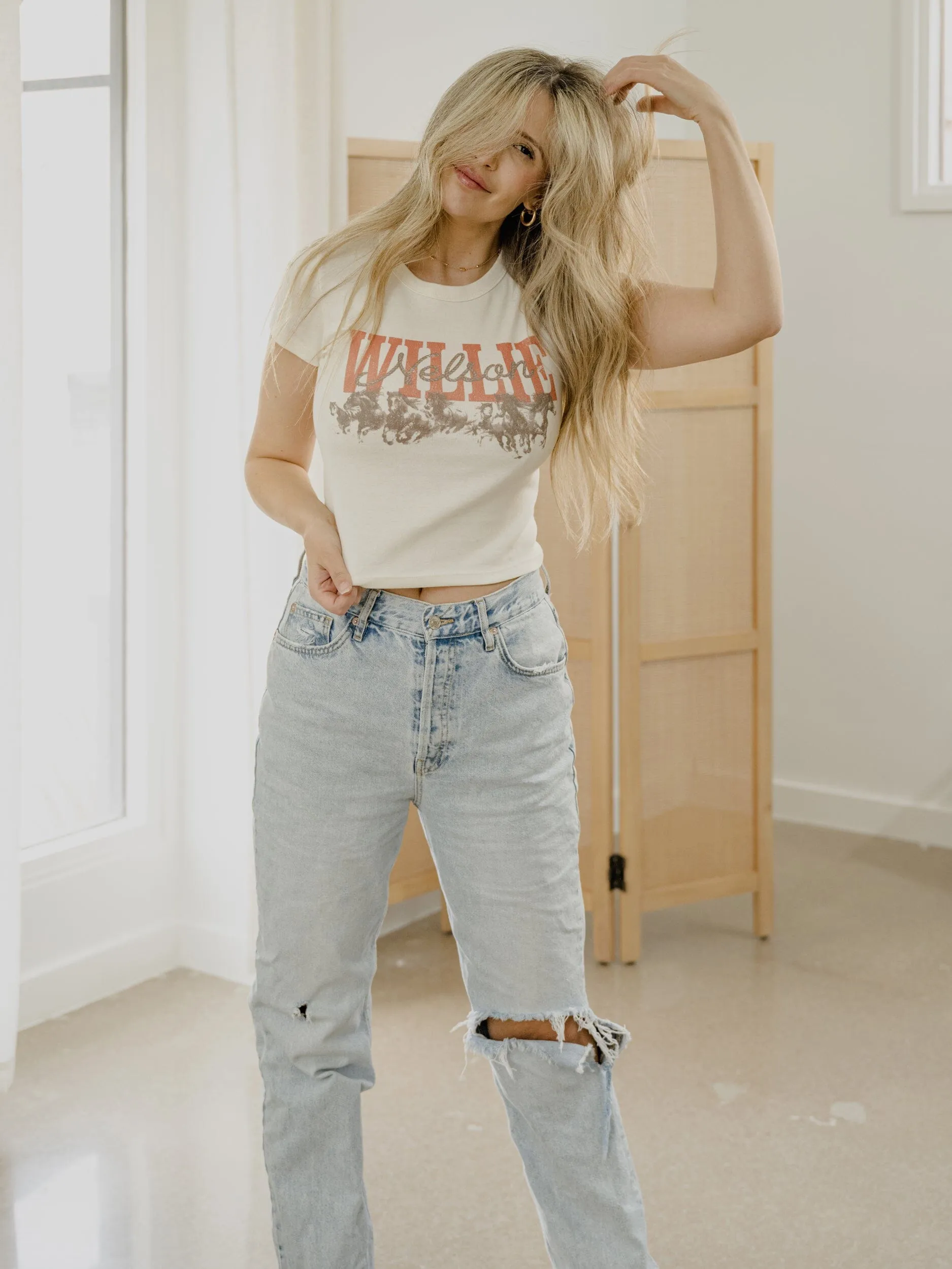 Willie Nelson Horses Off White Micro Cropped Tee